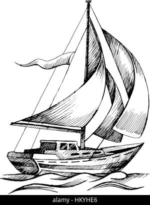 Navire à voile à croquis vecteur isolé avec des vagues. Illustration de Vecteur