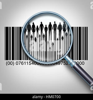 Recherche d'un client et la recherche de données client ou l'acheteur information business concept comme une loupe est concentré sur un produit de vente au détail code barre. Banque D'Images
