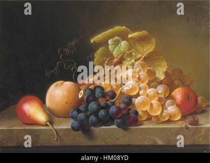 Johann Wilhelm Preyer - Stillleben mit Trauben, Birnen und einem Pfirsich auf einem Sims Banque D'Images
