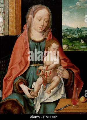 Cette peinture de Joos van Cleve montre la Vierge Marie et l'enfant, capturant le symbolisme religieux et la chaleur émotionnelle de cette image chrétienne emblématique. L'œuvre fait partie de la collection du Kunsthistorisches Museum à Vienne. Banque D'Images