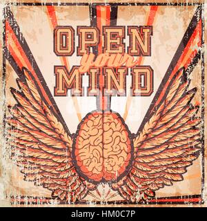Style Cartoon illustration vectorielle en couches - creative vintage tee shirt apparel imprimer poster design, battant des ailes avec cerveau, grunge background. Illustration de Vecteur