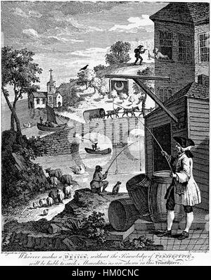 La satire de William Hogarth sur la fausse perspective de 1753 utilise l'humour et la technique artistique pour critiquer la manipulation de l'espace visuel dans compris L'œuvre illustre le commentaire social aigu de Hogarth. Banque D'Images