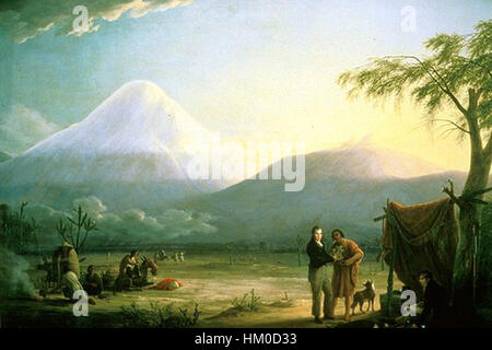 Cette peinture de Humboldt et Bonpland représente le volcan Chimborazo en Équateur, capturant la grandeur du paysage sud-américain au cours de leur expédition scientifique. Le travail des artistes met en valeur le terrain montagneux et le milieu naturel environnant. Banque D'Images