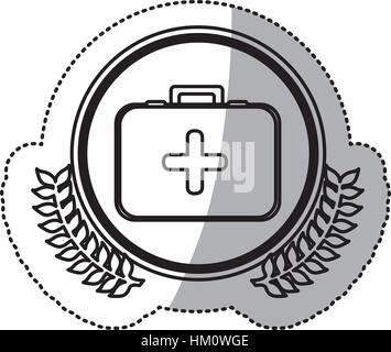 Autocollant monochrome avec cercle avec trousse de secours firts avec symbole de croix avec des branches d'olive vector illustration Illustration de Vecteur