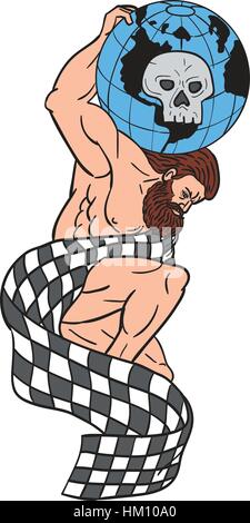 Croquis dessin illustration style d'Atlas à genoux sur un genou lifting globe avec tête de mort sur son dos recouvert du drapeau à damier blanc isolé sur backg Illustration de Vecteur