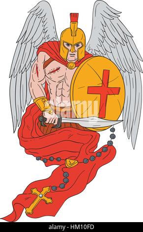 Style croquis dessin illustration d'un ange blessé spartan warrior helmet holding portant épée et bouclier avec rosaire vue de l'avant ensemble sur les Illustration de Vecteur