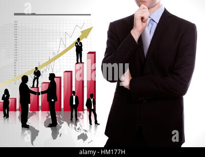 L'homme d'affaires avec des silhouettes d'entreprise et red graph Banque D'Images