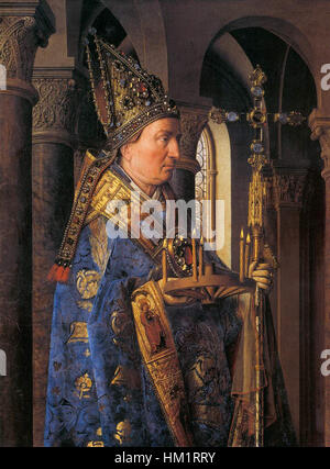 Ce détail de Jan van Eyck's 'The Madonna with Canon van der Paele' démontre sa maîtrise de la peinture à l'huile, avec une attention exceptionnelle à la lumière, à la texture et à la couleur, typique des premiers pays-Bas Banque D'Images