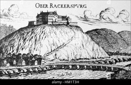 Cette peinture de 1681 représente le château de Gornja Radgona en Slovénie, capturant son importance historique et sa conception architecturale. L'œuvre décrit le château comme un important monument culturel dans la région. Banque D'Images