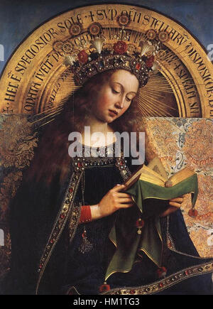 Ce détail de *le retable de Gand* par Jan van Eyck montre la Vierge Marie. Le retable, réputé pour ses images détaillées et symboliques, reflète les tendances religieuses et artistiques du début de la Renaissance du Nord. Banque D'Images