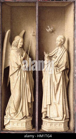 Le « petit Triptyque » de Jan van Eyck présente des scènes religieuses complexes, avec des représentations détaillées de figures bibliques sur les panneaux extérieurs. L'œuvre illustre son habileté dans la peinture à l'huile, avec des contrastes de couleurs vives et des détails précis typiques des premiers Netherlandish Banque D'Images