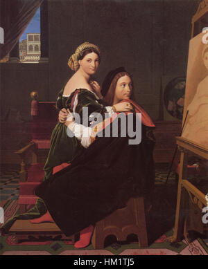 Cette peinture à l'huile de Jean Auguste Dominique Ingres représente le célèbre artiste de la Renaissance Raphaël avec sa muse, Fornarina. L'œuvre reflète le style néoclassique d'Ingres et la maîtrise du portrait. Banque D'Images