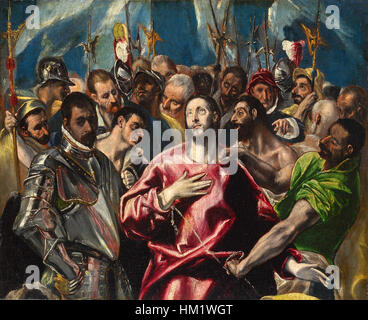 Le « Greco-Espolio » est une peinture religieuse importante d'El Greco, représentant le moment de la déposition du Christ de la croix. La pièce capture l’intense émotion et la gravité spirituelle de la scène, avec les figures allongées emblématiques d’El Greco et un éclairage dramatique. Banque D'Images
