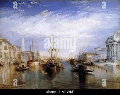 « Le Grand canal, Venise » de Joseph Mallord William Turner capture l'emblématique voie navigable vénitienne avec son utilisation caractéristique de la lumière et de la perspective atmosphérique. La peinture à l'huile met en valeur la beauté sereine de Venise, avec ses reflets sur l'eau et l'architecture complexe de la ville. Banque D'Images