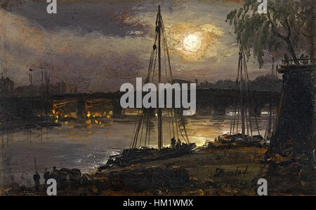 Cette peinture à l'huile de Johan Christian Clausen Dahl de 1845 représente la ville de Dresde la nuit. L'œuvre capture la douce lueur du clair de lune qui se reflète sur les bâtiments et l'eau, soulignant l'atmosphère tranquille du paysage urbain. La capacité de Dahl à mélanger lumière et ombre témoigne de son expertise dans la peinture de paysage pendant la période romantique. Banque D'Images