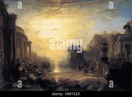 La peinture de Joseph Mallord William Turner, « le déclin de l'Empire carthaginois », dépeint la chute de Carthage avec une utilisation spectaculaire de la lumière et de la couleur. L’œuvre capture l’intensité émotionnelle de l’événement historique tout en démontrant la maîtrise de Turner dans les paysages et les scènes historiques. Banque D'Images