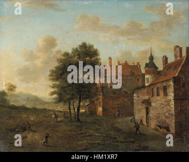 *A Country Home* de Jan van der Heyden représente une scène de campagne sereine, mettant en valeur l’architecture détaillée et la vie rurale du XVIIe siècle. La peinture illustre la maîtrise de van der Heyden dans le paysage et le réalisme architectural. Banque D'Images