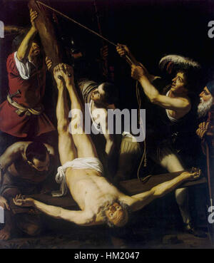 Martirio de San Pedro (martyre de Saint Pierre) de l Spada est une peinture à l'huile représentant la scène dramatique de la crucifixion de Saint Pierre, mettant en valeur l'habileté de l'artiste à capturer l'émotion et le mouvement. La pièce est conservée au Musée de l'Ermitage, reflétant son importance dans le baroque religieux compris Banque D'Images