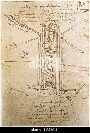 Ce croquis de Léonard de Vinci illustre sa machine volante visionnaire, un concept en avance sur son temps. La conception de Da Vinci comportait un appareil avec des ailes et une hélice, puisant dans la mécanique des oiseaux et autres créatures volantes, bien qu'il n'ait jamais été construit. Il illustre son esprit novateur et ses contributions aux premières idées de l'aviation. Banque D'Images