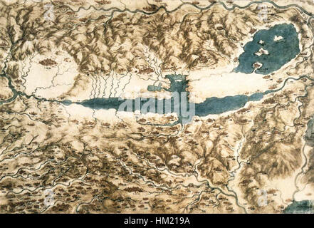 Cette carte historique, créée par Léonard de Vinci, illustre la région Toscane et la vallée de Chiana en Italie. La carte démontre les compétences de Da Vinci en cartographie et son approche détaillée du paysage et des caractéristiques géographiques. Banque D'Images