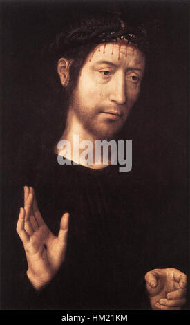 « Man of Sorrows » de Hans Memling est un exemple clé de l'art de la Renaissance du Nord, représentant le Christ dans un état douloureux, mettant en valeur la maîtrise de la peinture à l'huile et la profondeur émotionnelle de l'artiste. Banque D'Images