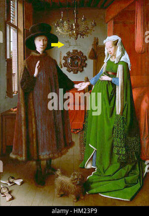 Le portrait d’Arnolfini de Jan van Eyck est une peinture à l’huile célèbre de 1434, mettant en valeur un couple dans leur maison, soulignant l’utilisation exceptionnelle des détails et de la perspective de van Eyck. L'œuvre est réputée pour son symbolisme, y compris le miroir et la texture somptueuse des vêtements, représentant la richesse et la vie domestique dans la Flandre du XVe siècle. Banque D'Images