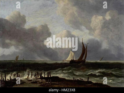 La "Mer agitée" de Jacob van Ruisdael, une peinture de paysage marin, capture la puissance féroce de l'océan, présentant la mise en avant du réalisme et de la nature de l'Âge d'or néerlandais, avec des eaux tumultueuses et un ciel orageux, typique du maître van Ruisdael dans les éléments naturels. Banque D'Images