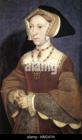 Ce portrait de Jane Seymour, peint pendant la période Tudor, capture sa présence gracieuse et digne en tant que troisième épouse du roi Henri VIII, connu pour son rôle dans l'histoire anglaise. Banque D'Images