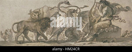 La peinture de Giuseppe Cades, Orpheus Charming the Animals (1780), dépeint l'histoire mythologique d'Orphée en utilisant sa musique pour charmer les animaux sauvages, mettant en valeur le pinceau délicat de Cades et des thèmes classiques. Banque D'Images