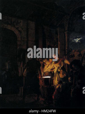 Joseph Wright de 'A Blacksmith's Shop' de Derby (1771) capture une scène à l'intérieur d'un atelier de forgeron pendant la révolution industrielle. La peinture souligne la maîtrise de Wright de la lumière et de l'ombre, mettant en valeur le travail et les outils de la forge. Banque D'Images