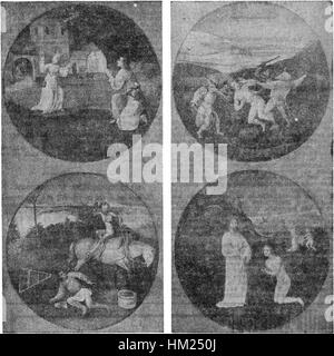 Cette version en noir et blanc du *jardin des délices terrestres* de Jheronimus Bosch se concentre sur les panneaux extérieurs, représentant des scènes fantastiques complexes et détaillées. Le style surréaliste de Bosch est évident dans sa représentation des thèmes symboliques et religieux. Banque D'Images
