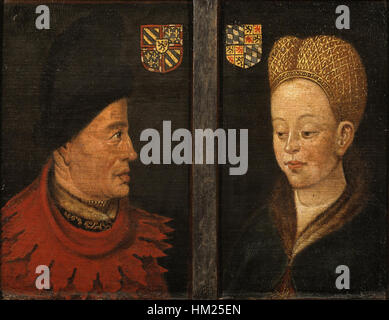 Portraits de Jean sans peur (1371-1419), duc de Bourgogne, et Marguerite de Bavière (1376-1434), sa seconde épouse. Peints par un artiste néerlandais au XVIe siècle, ces portraits à l'huile sur bois sont conservés au Museum voor Schone Kunsten, à Gand, en Belgique. Banque D'Images