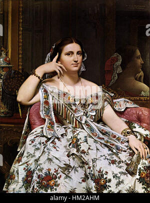 Madame Moitessier de Jean Auguste Dominique Ingres est un portrait célèbre du XIXe siècle. Il met en valeur l'élégance du sujet, représentant Madame Moitessier dans une tenue luxueuse avec l'attention caractéristique d'Ingres aux détails et au réalisme. Banque D'Images