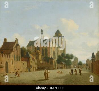 La peinture de Jan van der Heyden 'L'église à Veere' dépeint une vue sereine d'une église dans la ville de Veere, aux pays-Bas, mettant en valeur son talent exceptionnel dans la peinture architecturale et paysagère pendant l'âge d'or néerlandais. Banque D'Images