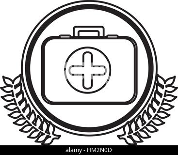 Trousse de secours firts monochrome avec croix symbole en cercle avec branches d'olive vector illustration Illustration de Vecteur