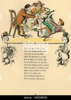 Cette image représente une page de l'œuvre de H. Hoffmann, illustrant le personnage bien connu de Struwwel, présent dans la littérature allemande. Banque D'Images