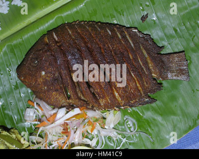 Thali Indien du Sud poisson (repas). Traditionnellement servi sur des feuilles de banane. Kerala, Inde Banque D'Images