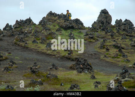 Laufskalar Laufskalavaroa (cairn), Myrdalssandur Plaine, l'Islande. Banque D'Images