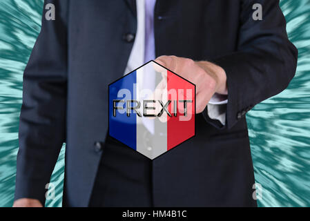 Un concept d'frexit français (élections) et de l'UE d'un drapeau et d'un homme d'affaires Banque D'Images