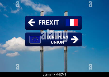 Un concept de deux panneaux routiers, élections françaises (frexit)et de l'Union européenne Banque D'Images