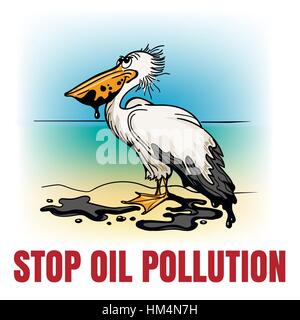 Pelican dessiné à la main couverte par l'huile avec libellé arrêter la pollution par les hydrocarbures. Concept de l'environnement. Vector illustration Illustration de Vecteur