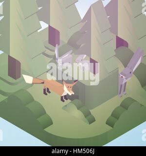 Terrier de lapin et de renard dans une forêt de pin Style isométrique - Vector Illustration Illustration de Vecteur