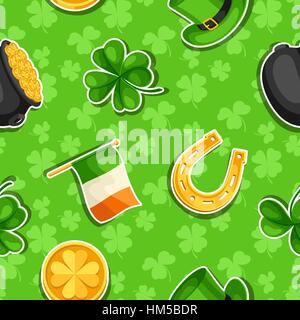 Saint Patricks Day seamless pattern. Irlande Drapeau, pot de pièces d'or, trèfles, chapeau vert et Horseshoe Illustration de Vecteur