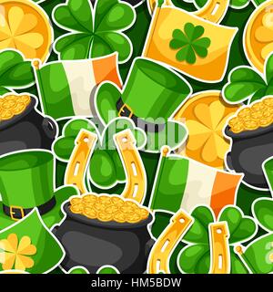 Saint Patricks Day seamless pattern. Irlande Drapeau, pot de pièces d'or, trèfles, chapeau vert et Horseshoe Illustration de Vecteur