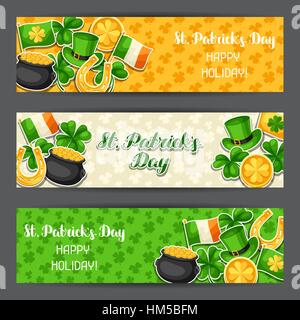 Saint Patricks Day des bannières. Irlande Drapeau, pot de pièces d'or, trèfles, chapeau vert et Horseshoe Illustration de Vecteur