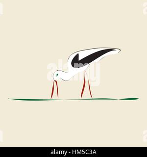 Stork avec bec rouge et les pieds sur l'herbe Illustration de Vecteur