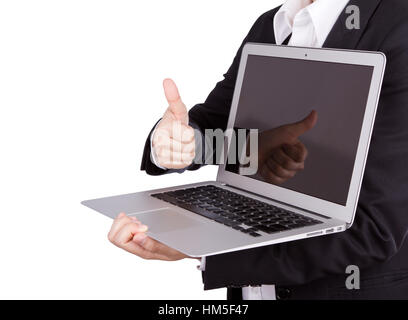 La tenue d'un homme d'ouvrir un ordinateur portable avec thumb up isolé sur fond blanc Banque D'Images