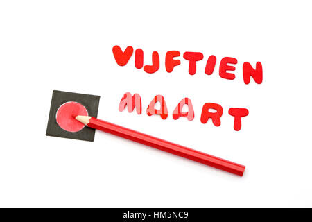 Crayons rouge et les mots vijftien maart ce qui signifie 15 mars en néerlandais le jour où les élections ont lieu aux Pays-Bas Banque D'Images
