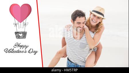 Happy man giving piggy back to woman against white background Banque D'Images