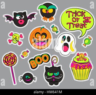 Badges patch Halloween avec ghost et de citrouilles, bonbons et chat, hibou et cupcake, crâne et bat, bulles de texte. Ensemble d'autocollants de la mode, icônes, les broches. Illustration de Vecteur